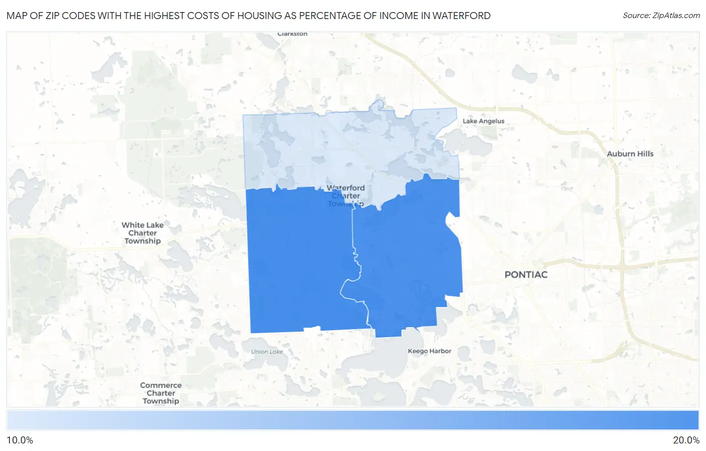 Zip Codes with the Highest Costs of Housing as Percentage of Income in Waterford Map