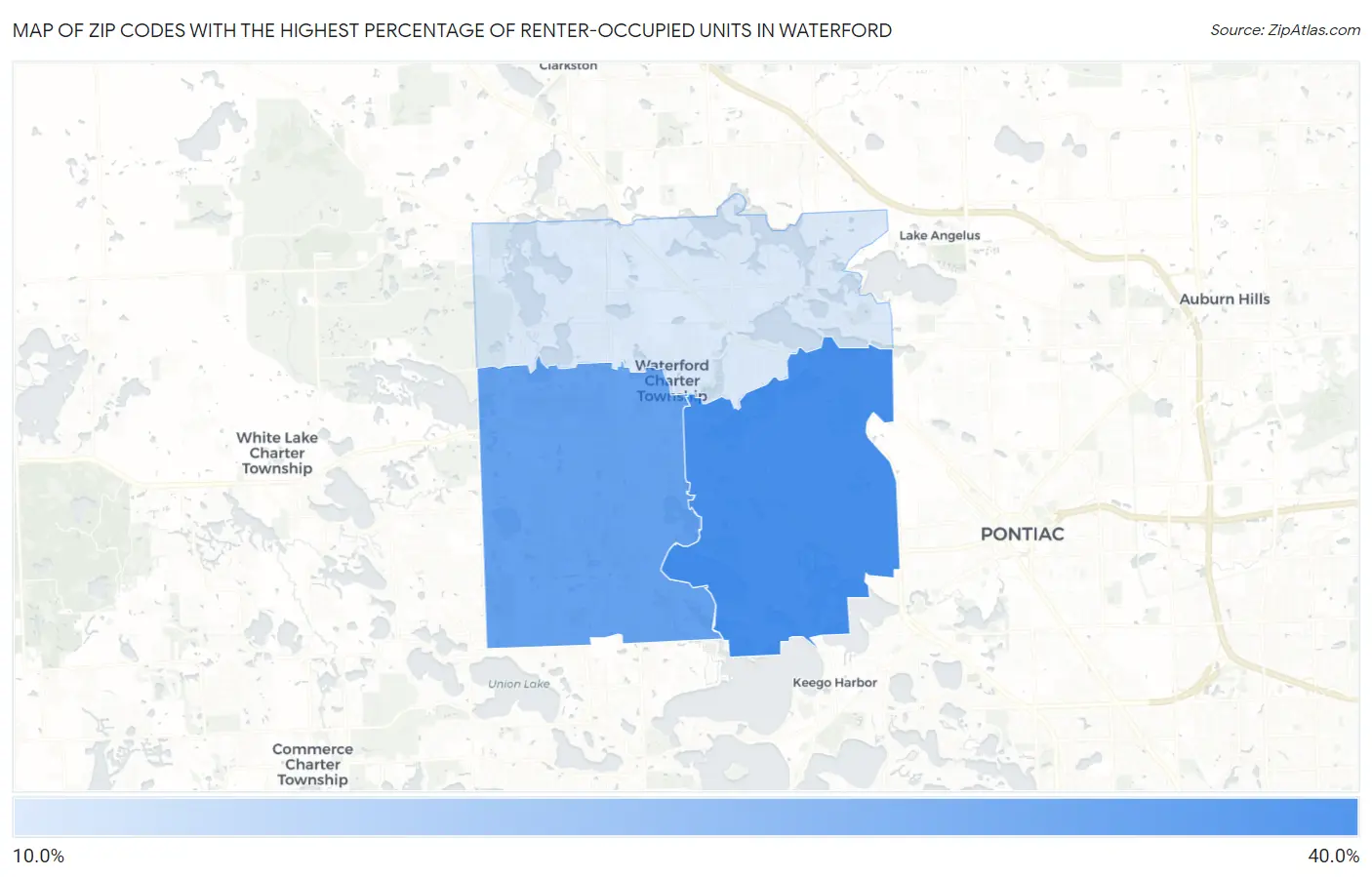 Zip Codes with the Highest Percentage of Renter-Occupied Units in Waterford Map