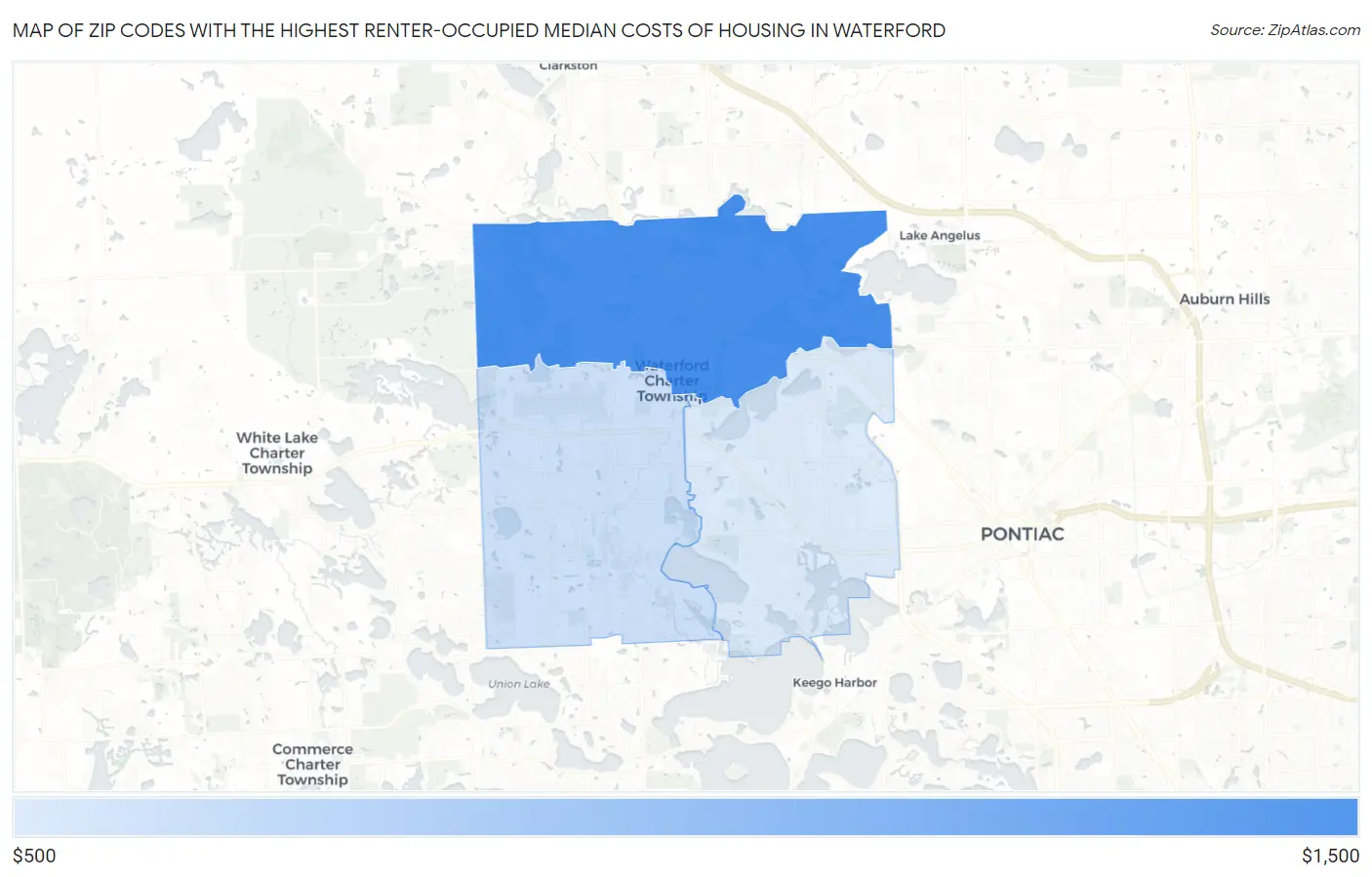 Zip Codes with the Highest Renter-Occupied Median Costs of Housing in Waterford Map