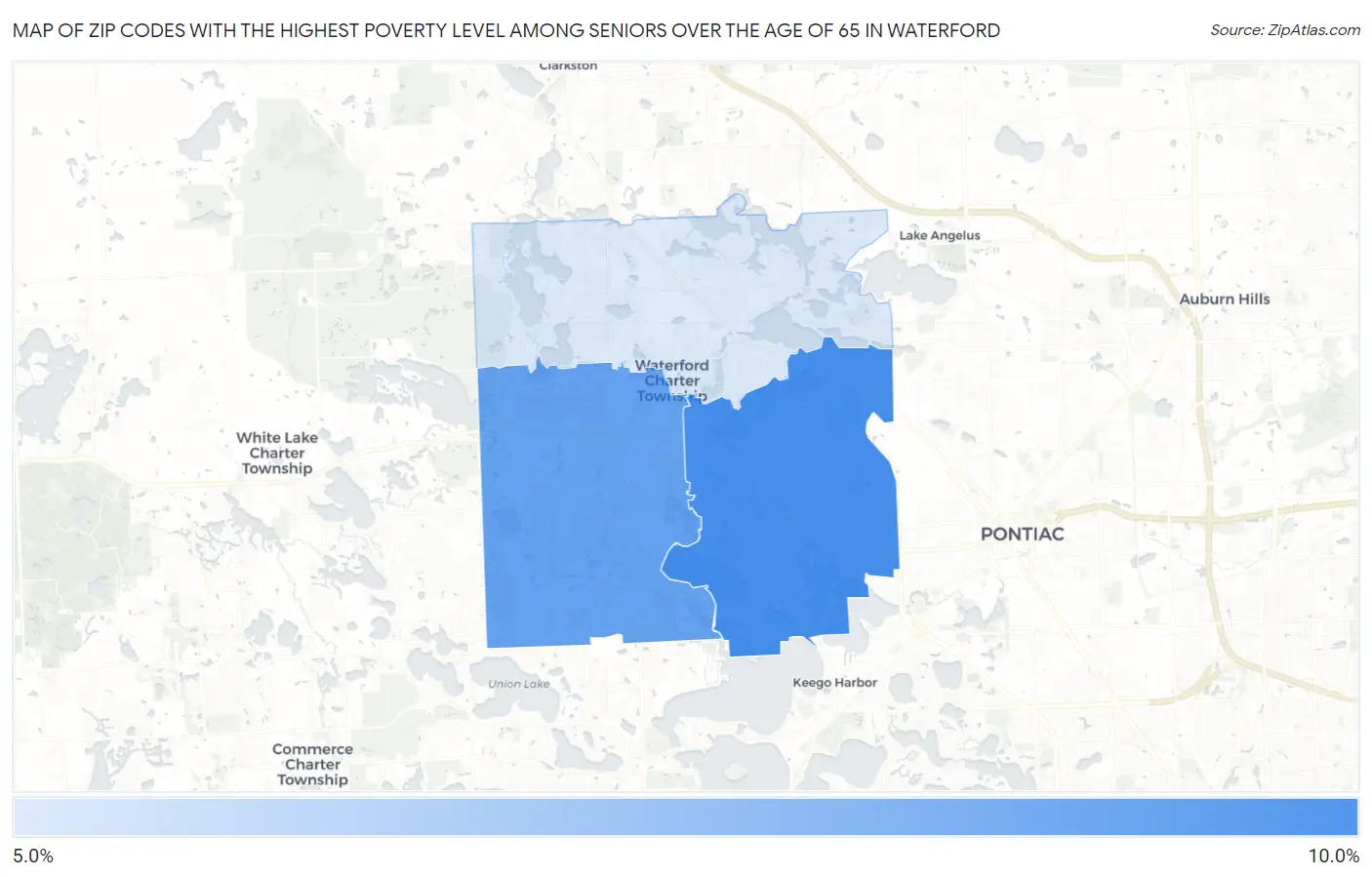 Zip Codes with the Highest Poverty Level Among Seniors Over the Age of 65 in Waterford Map