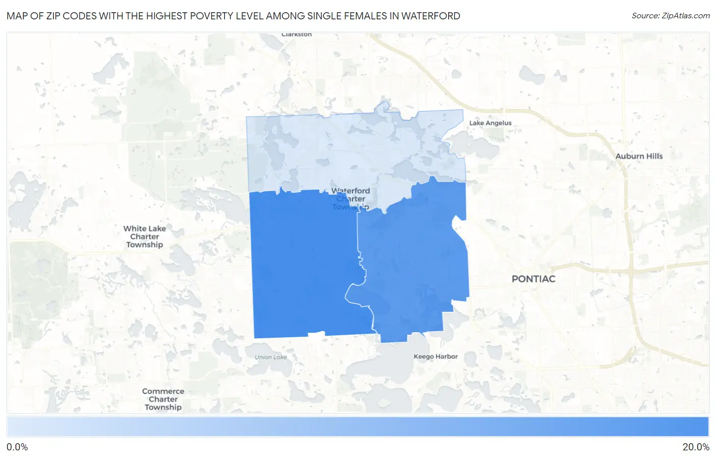 Zip Codes with the Highest Poverty Level Among Single Females in Waterford Map