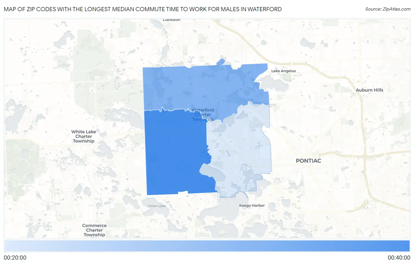 Zip Codes with the Longest Median Commute Time to Work for Males in Waterford Map