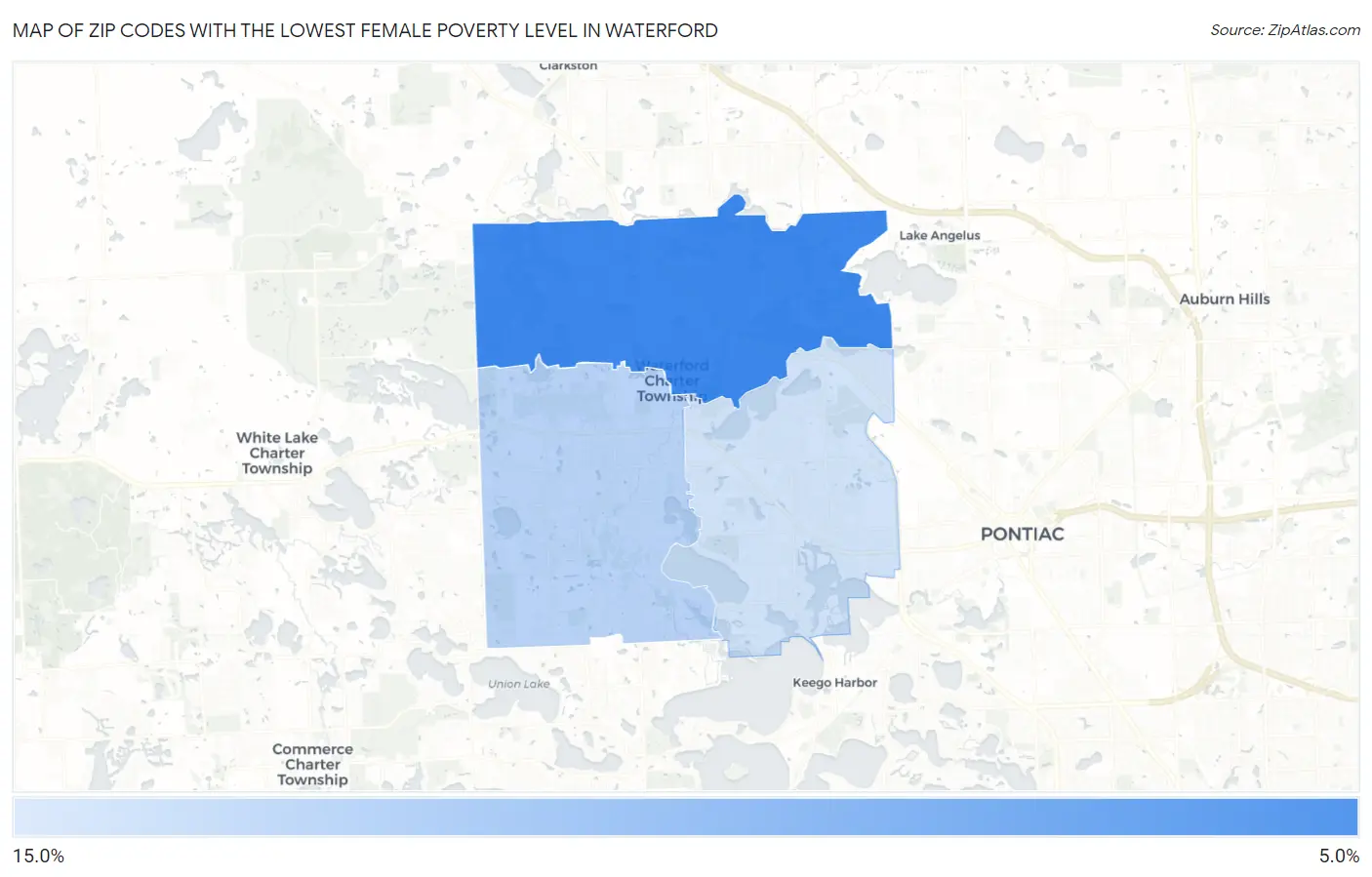 Zip Codes with the Lowest Female Poverty Level in Waterford Map