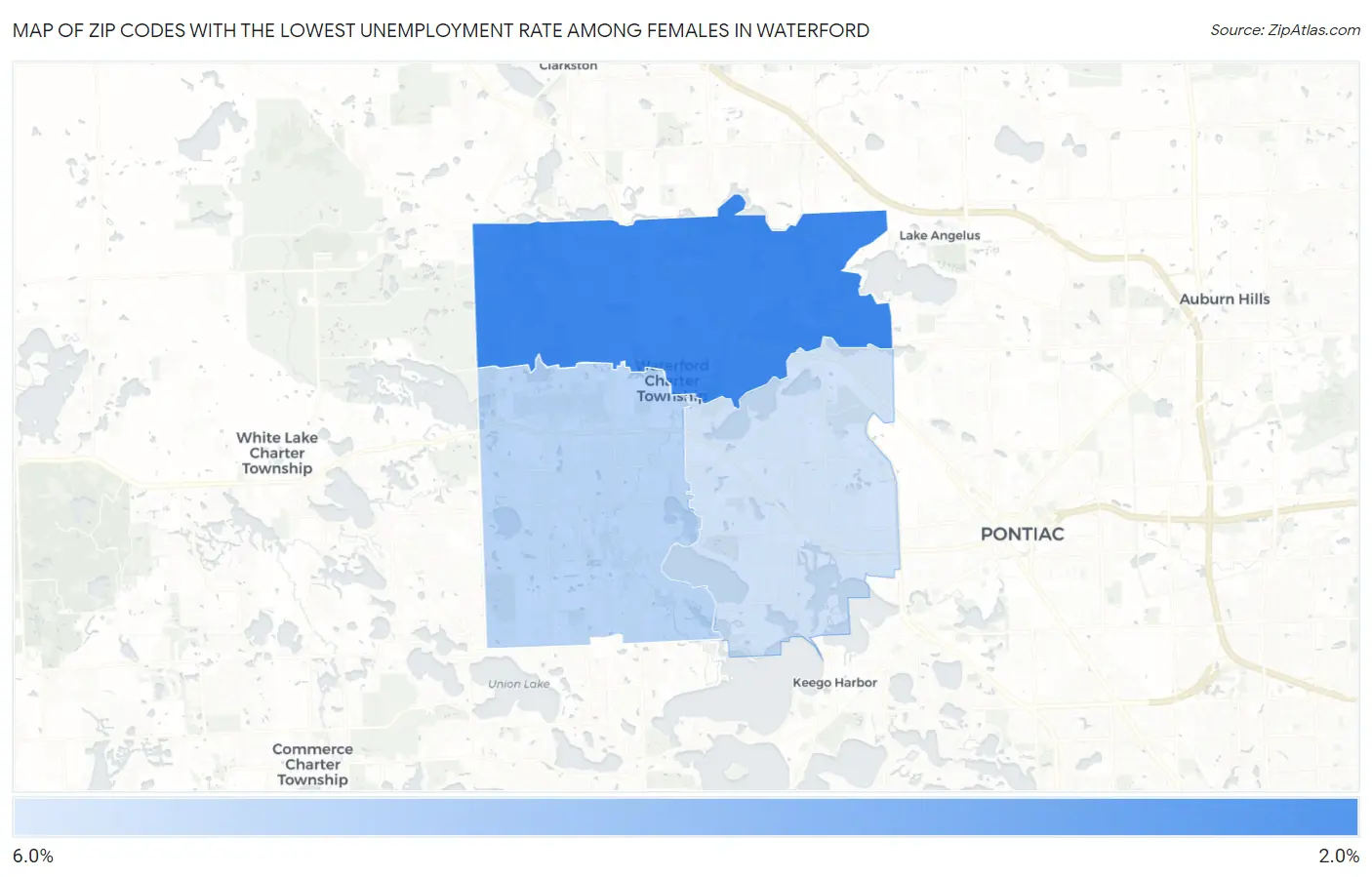 Zip Codes with the Lowest Unemployment Rate Among Females in Waterford Map