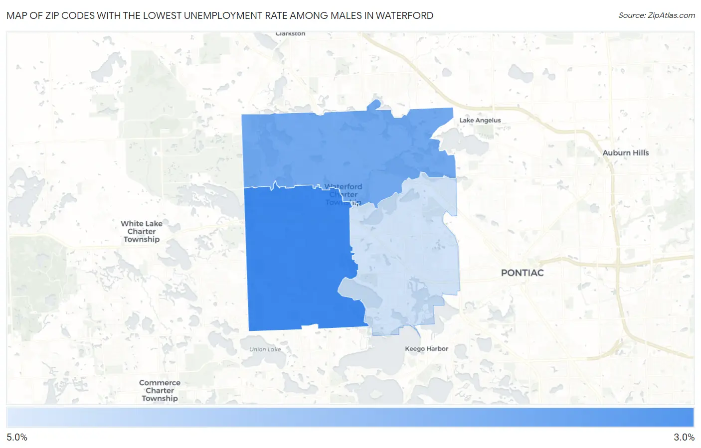 Zip Codes with the Lowest Unemployment Rate Among Males in Waterford Map