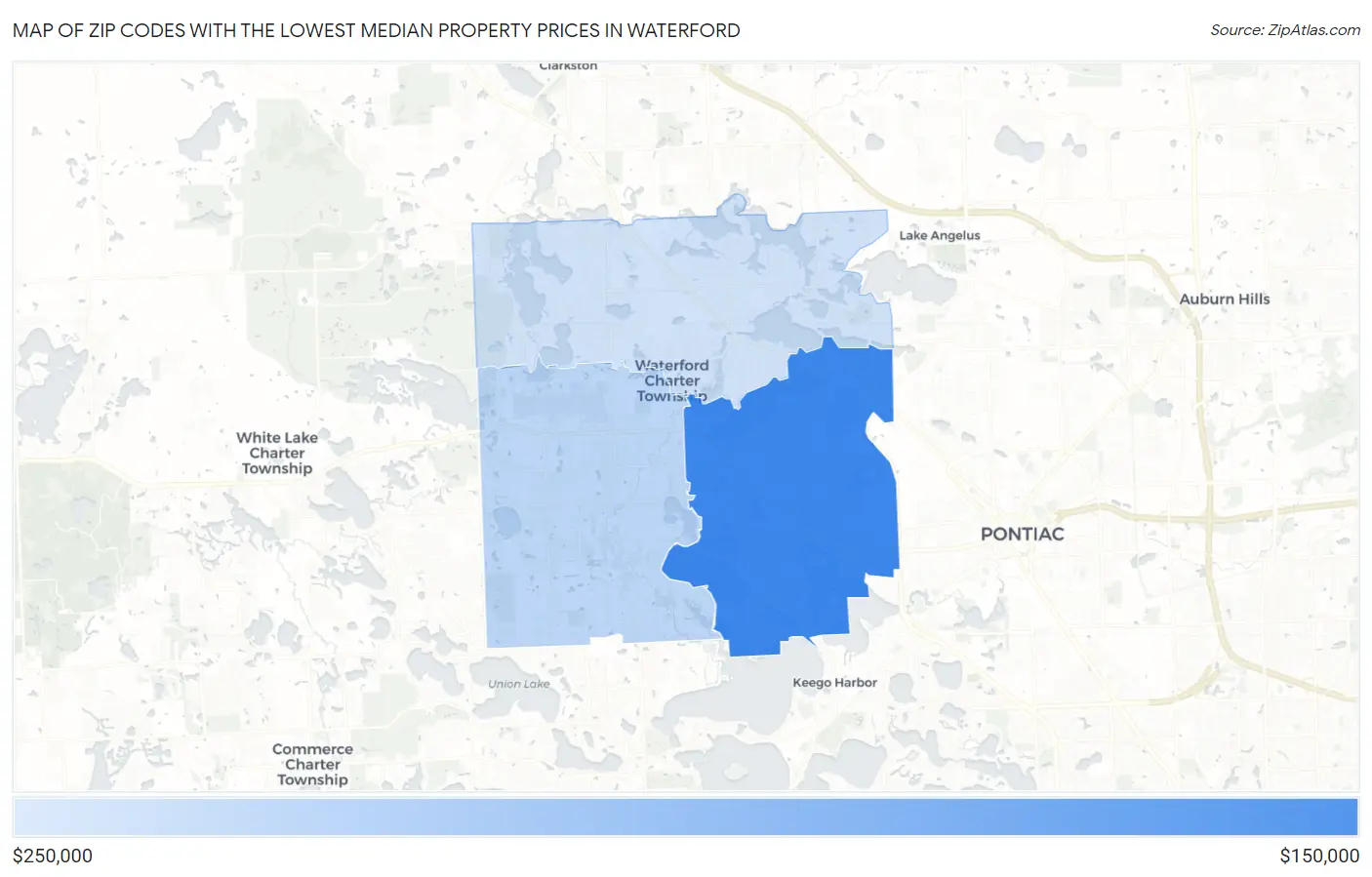 Zip Codes with the Lowest Median Property Prices in Waterford Map