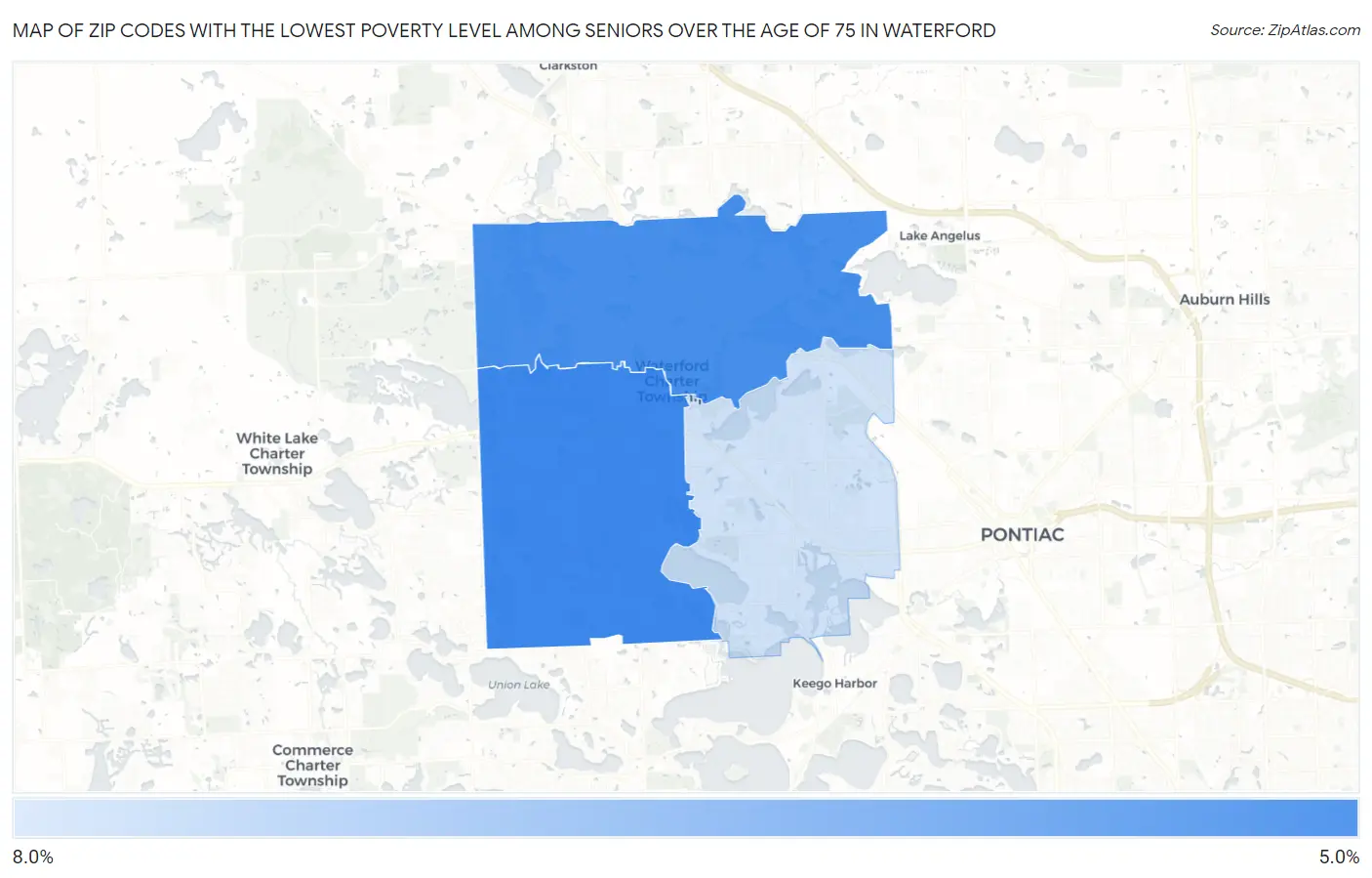 Zip Codes with the Lowest Poverty Level Among Seniors Over the Age of 75 in Waterford Map