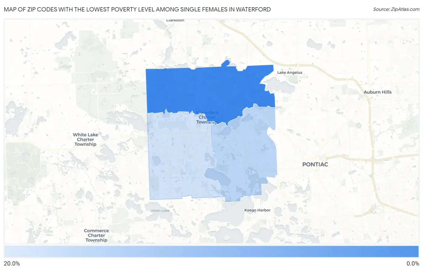 Zip Codes with the Lowest Poverty Level Among Single Females in Waterford Map