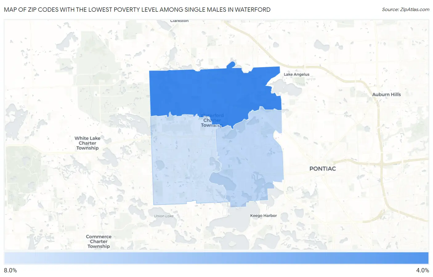Zip Codes with the Lowest Poverty Level Among Single Males in Waterford Map