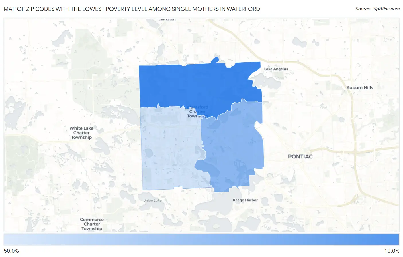 Zip Codes with the Lowest Poverty Level Among Single Mothers in Waterford Map