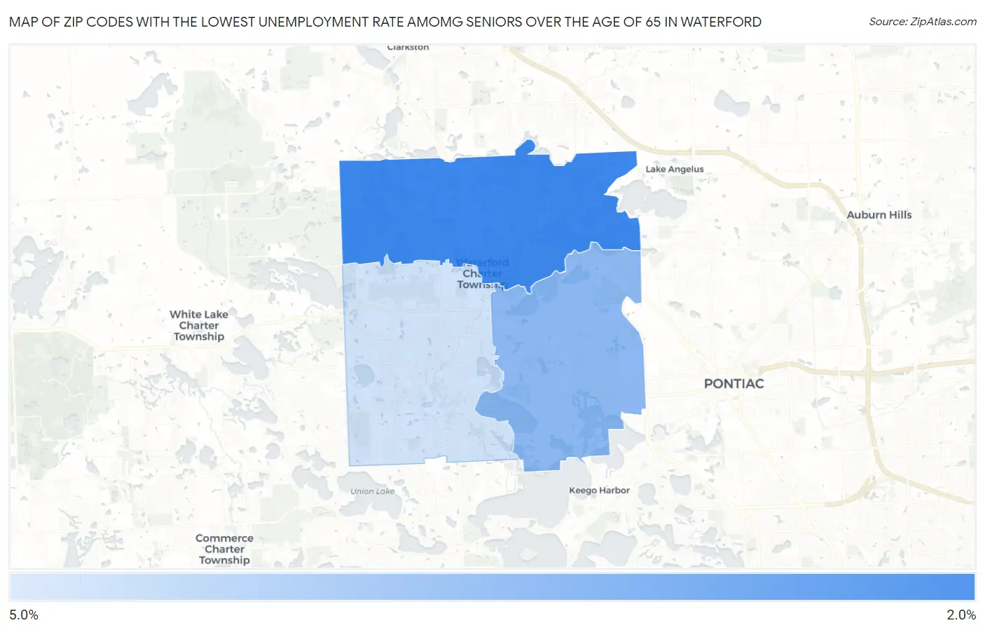 Zip Codes with the Lowest Unemployment Rate Amomg Seniors Over the Age of 65 in Waterford Map