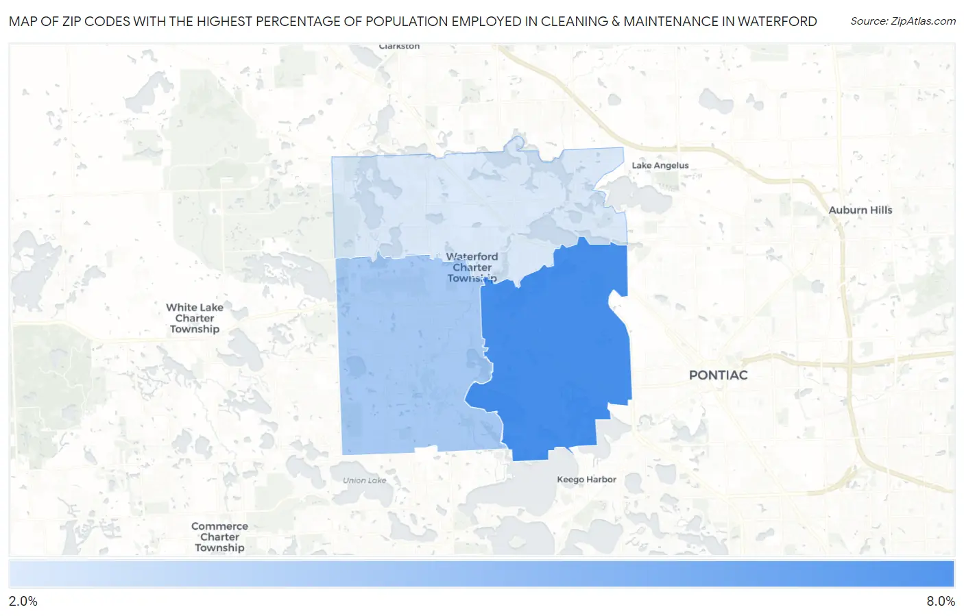 Zip Codes with the Highest Percentage of Population Employed in Cleaning & Maintenance in Waterford Map