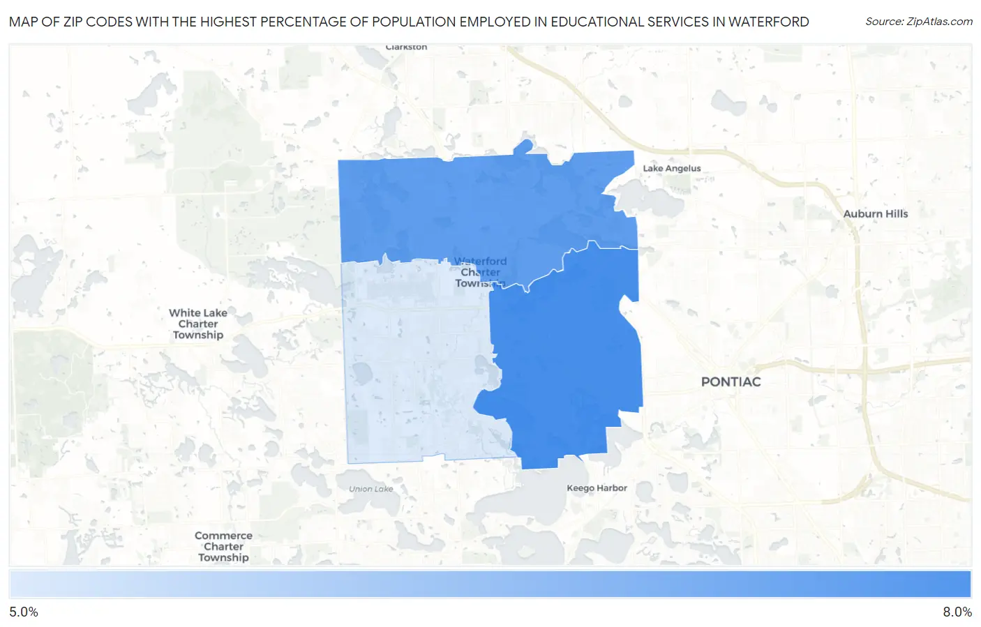 Zip Codes with the Highest Percentage of Population Employed in Educational Services in Waterford Map