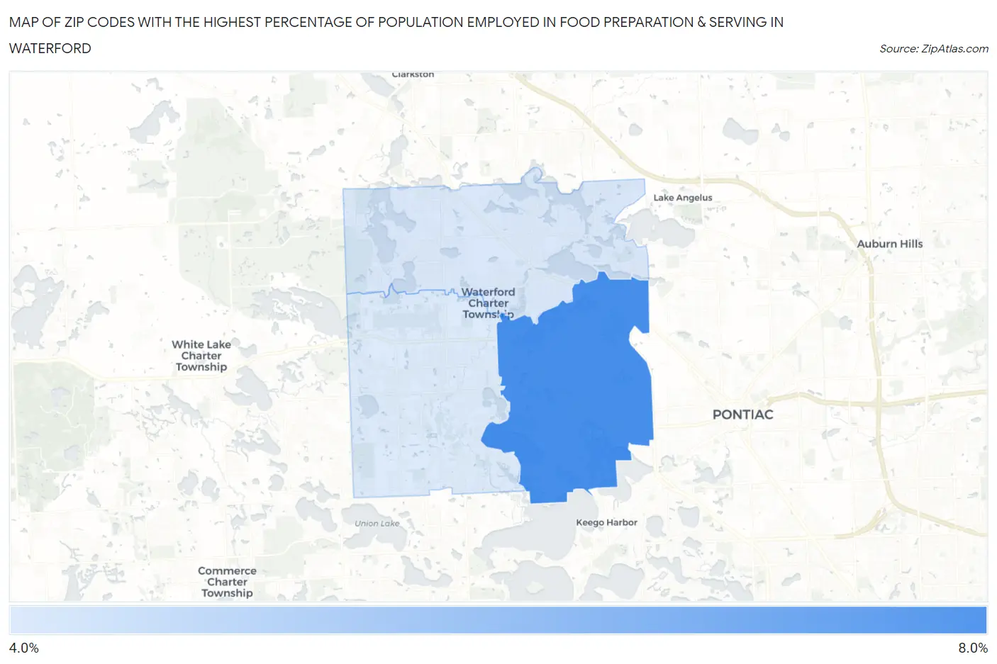 Zip Codes with the Highest Percentage of Population Employed in Food Preparation & Serving in Waterford Map