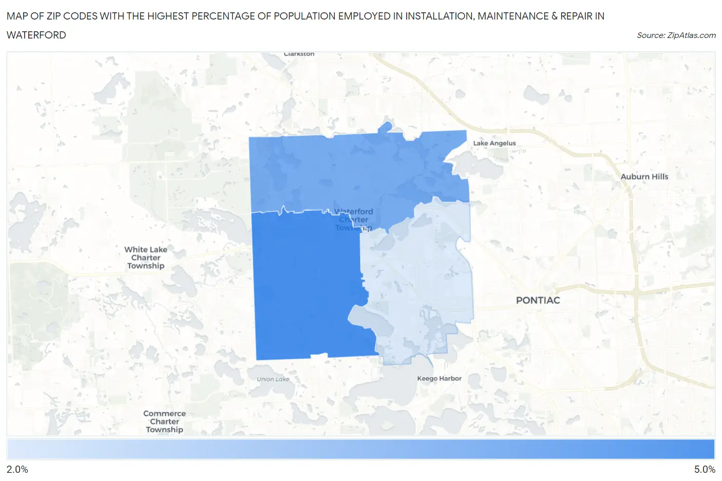 Zip Codes with the Highest Percentage of Population Employed in Installation, Maintenance & Repair in Waterford Map