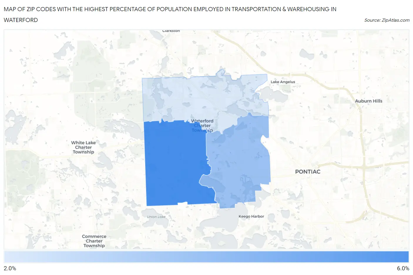 Zip Codes with the Highest Percentage of Population Employed in Transportation & Warehousing in Waterford Map