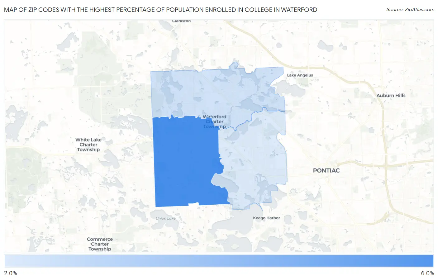Zip Codes with the Highest Percentage of Population Enrolled in College in Waterford Map