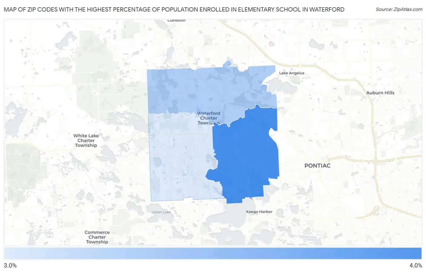 Zip Codes with the Highest Percentage of Population Enrolled in Elementary School in Waterford Map