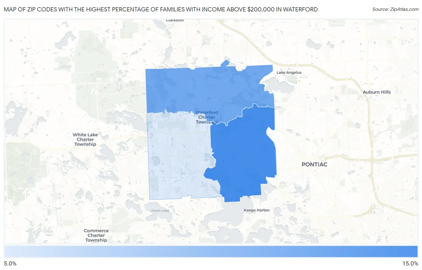 Zip Codes with the Highest Percentage of Families with Income Above $200,000 in Waterford Map