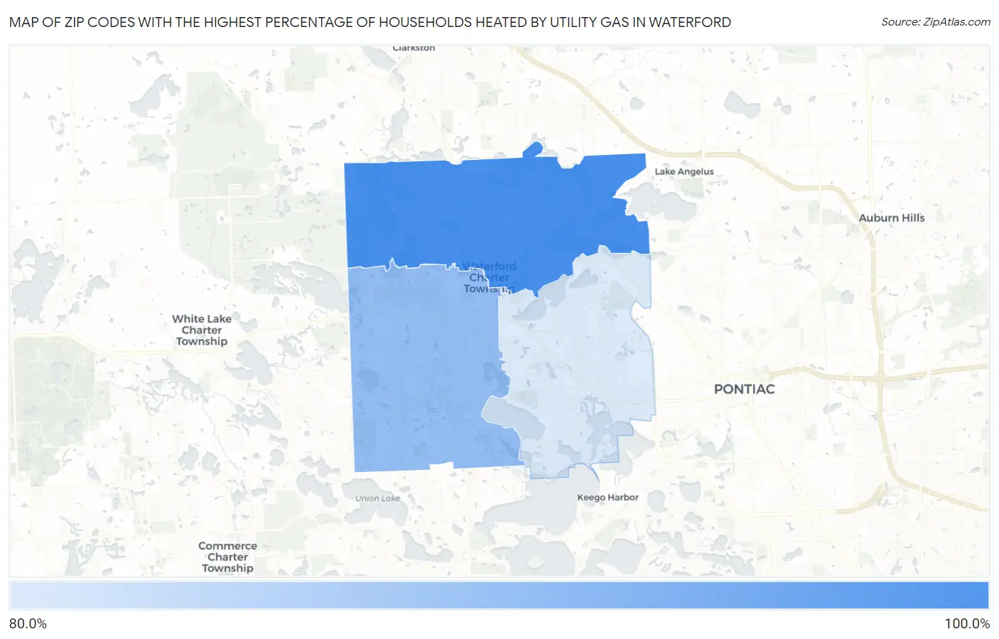 Zip Codes with the Highest Percentage of Households Heated by Utility Gas in Waterford Map