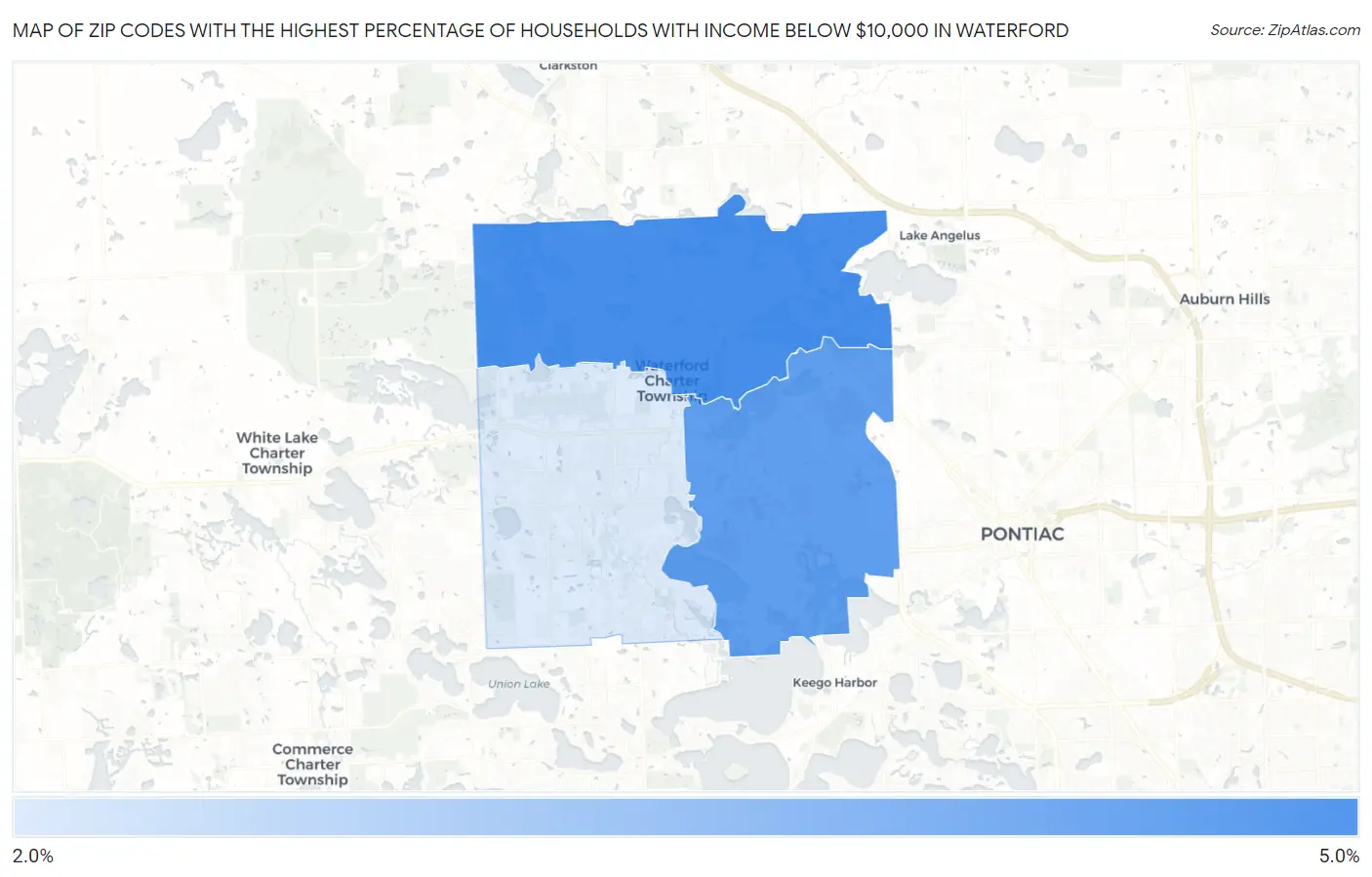 Zip Codes with the Highest Percentage of Households with Income Below $10,000 in Waterford Map