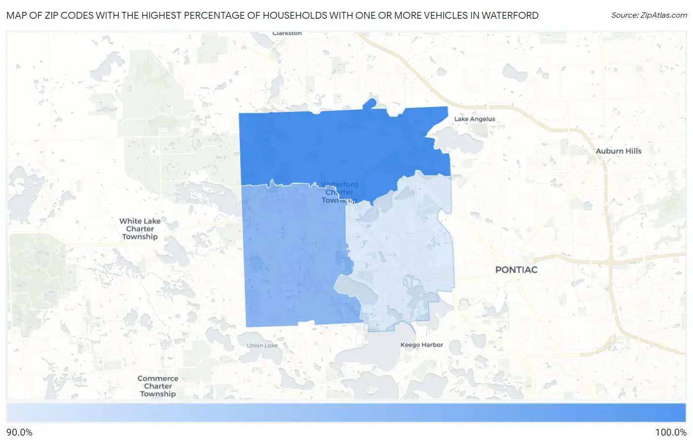 Zip Codes with the Highest Percentage of Households With One or more Vehicles in Waterford Map