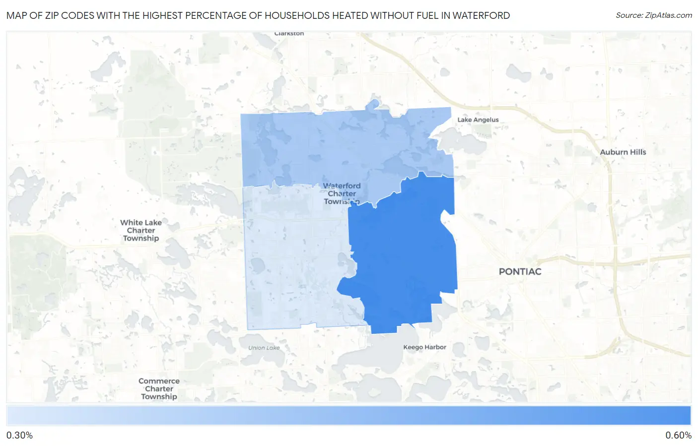 Zip Codes with the Highest Percentage of Households Heated without Fuel in Waterford Map