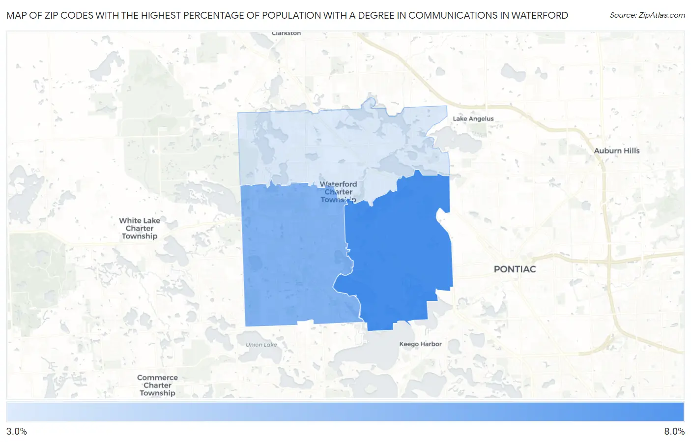 Zip Codes with the Highest Percentage of Population with a Degree in Communications in Waterford Map