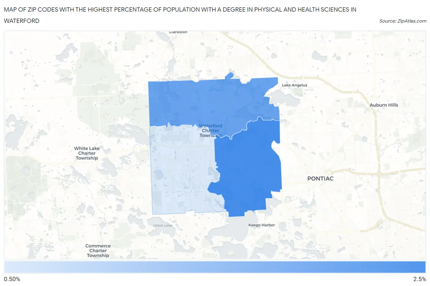 Zip Codes with the Highest Percentage of Population with a Degree in Physical and Health Sciences in Waterford Map