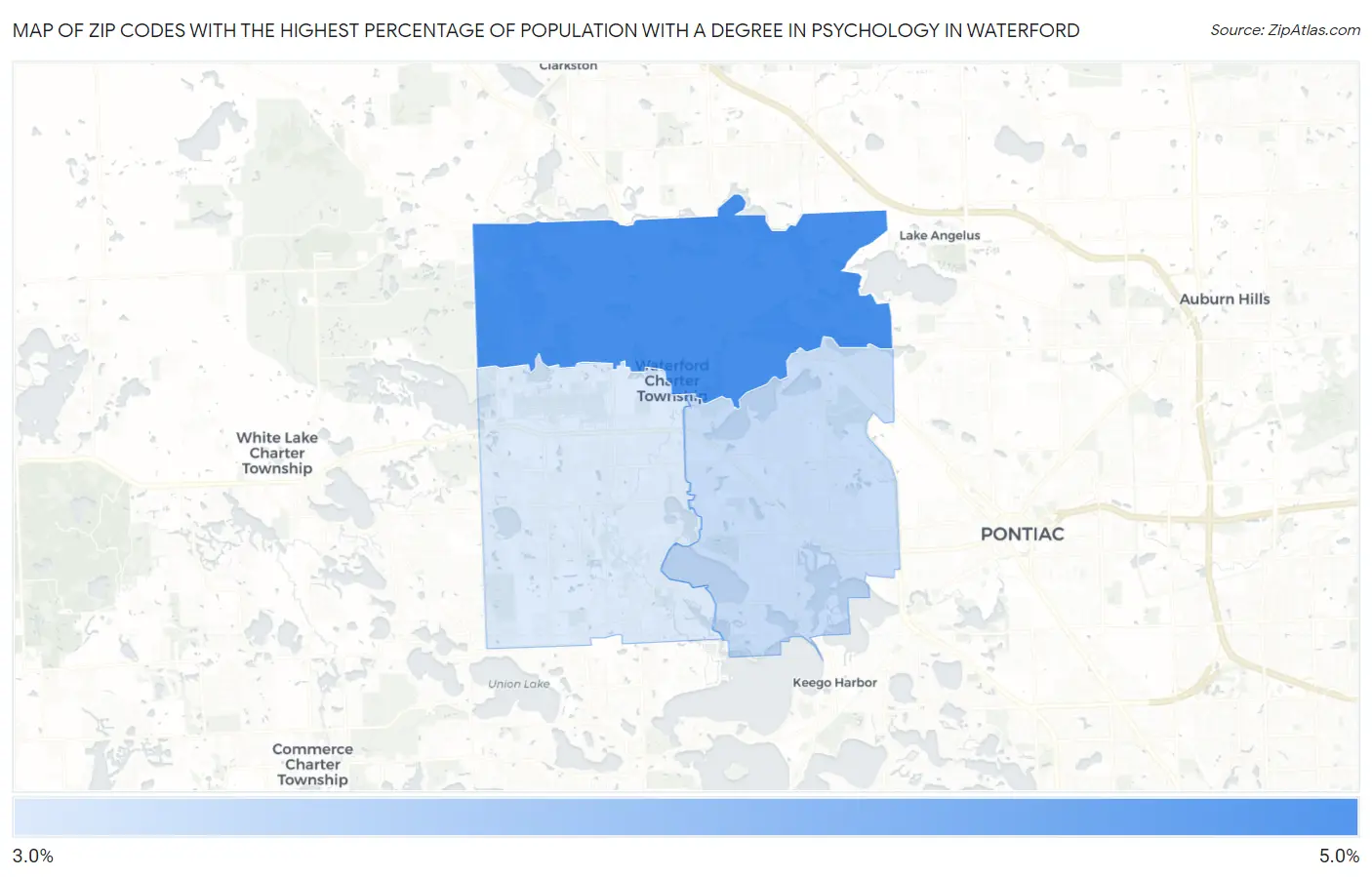Zip Codes with the Highest Percentage of Population with a Degree in Psychology in Waterford Map