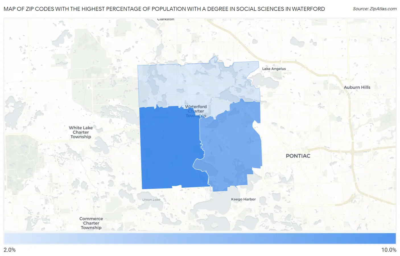 Zip Codes with the Highest Percentage of Population with a Degree in Social Sciences in Waterford Map