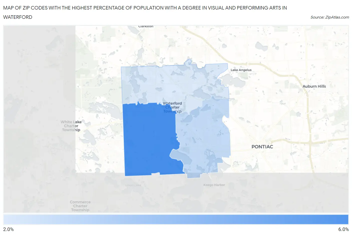 Zip Codes with the Highest Percentage of Population with a Degree in Visual and Performing Arts in Waterford Map