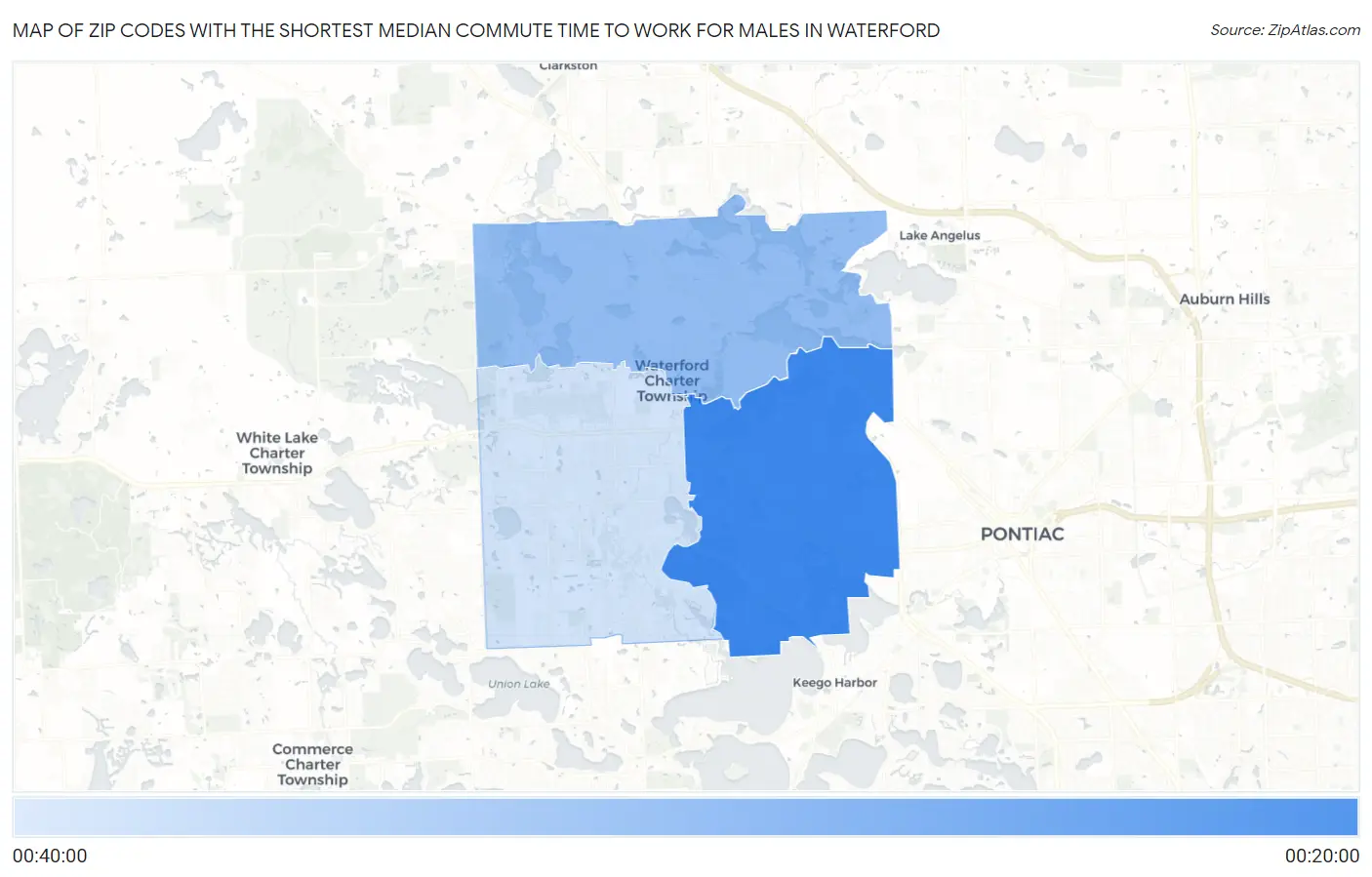 Zip Codes with the Shortest Median Commute Time to Work for Males in Waterford Map