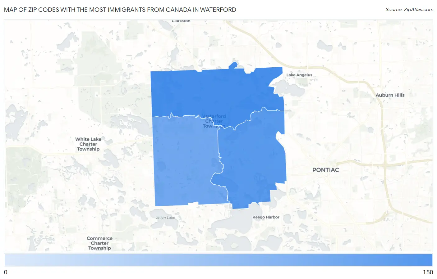 Zip Codes with the Most Immigrants from Canada in Waterford Map