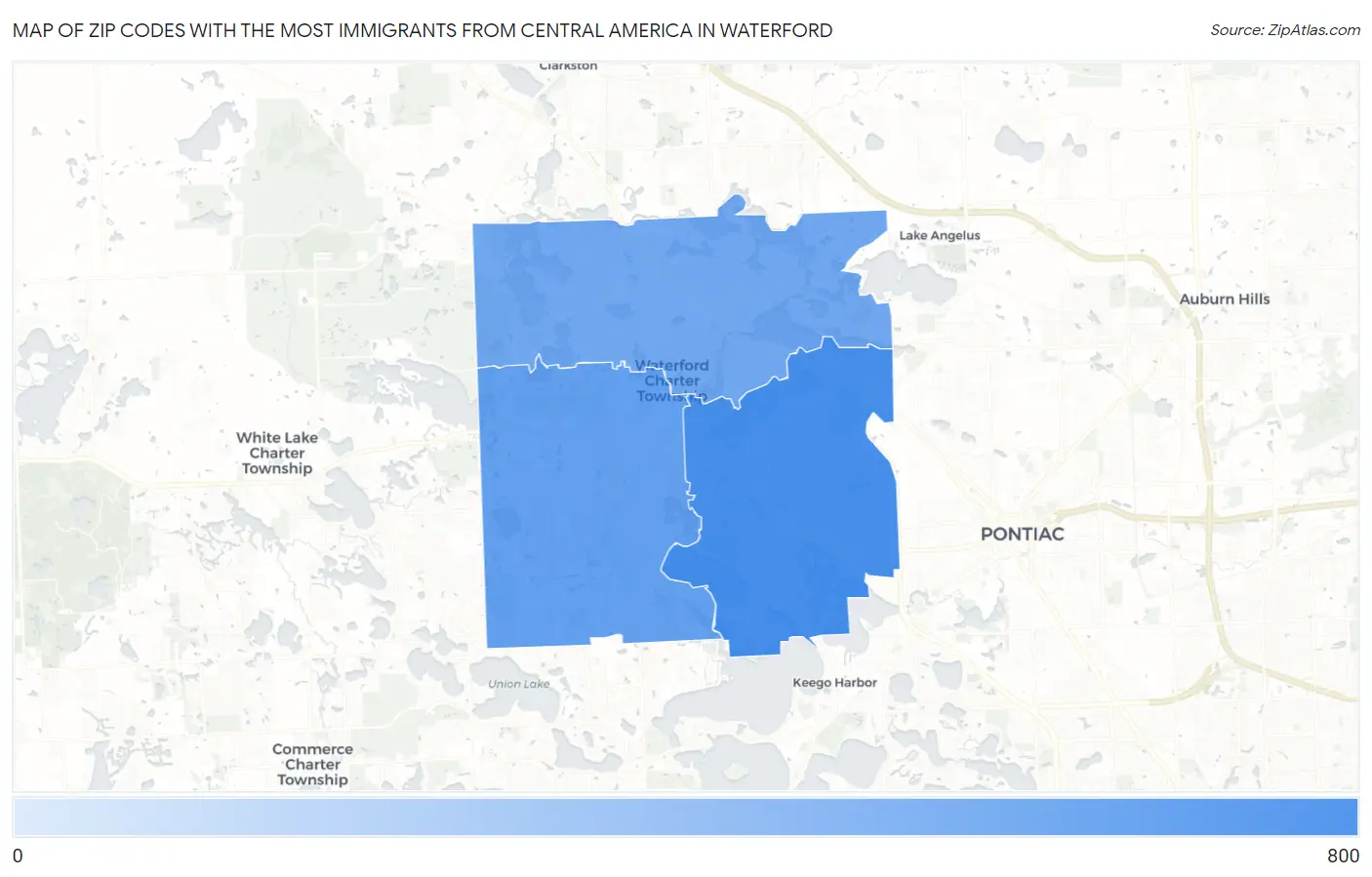 Zip Codes with the Most Immigrants from Central America in Waterford Map