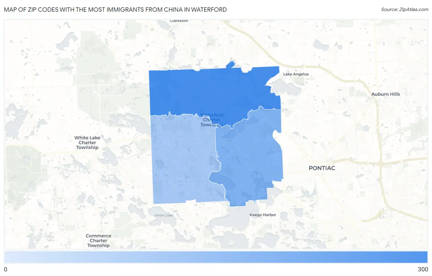 Zip Codes with the Most Immigrants from China in Waterford Map
