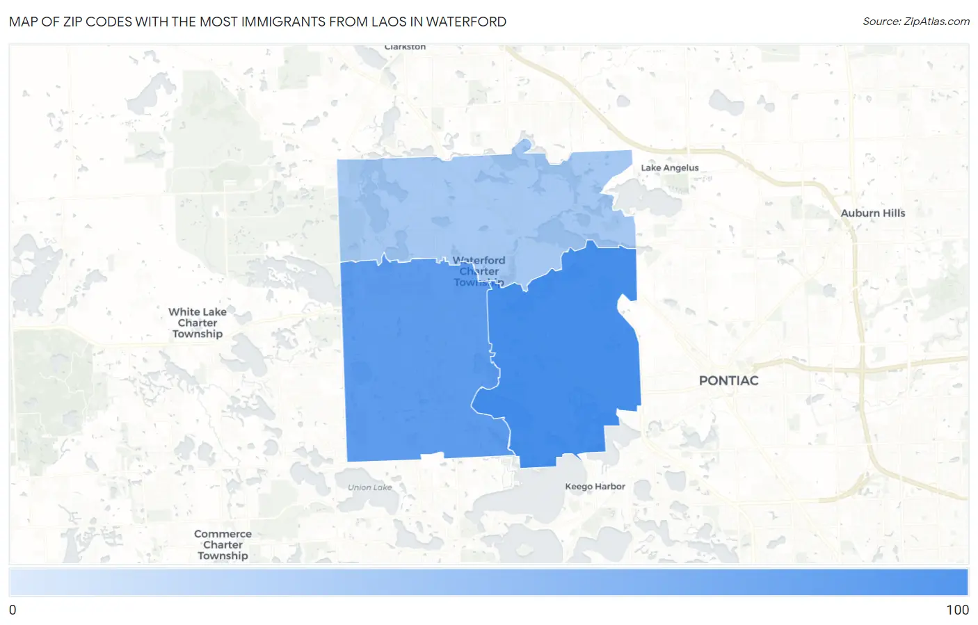 Zip Codes with the Most Immigrants from Laos in Waterford Map