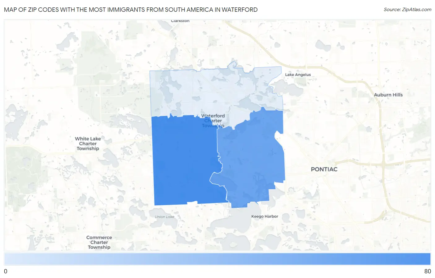 Zip Codes with the Most Immigrants from South America in Waterford Map