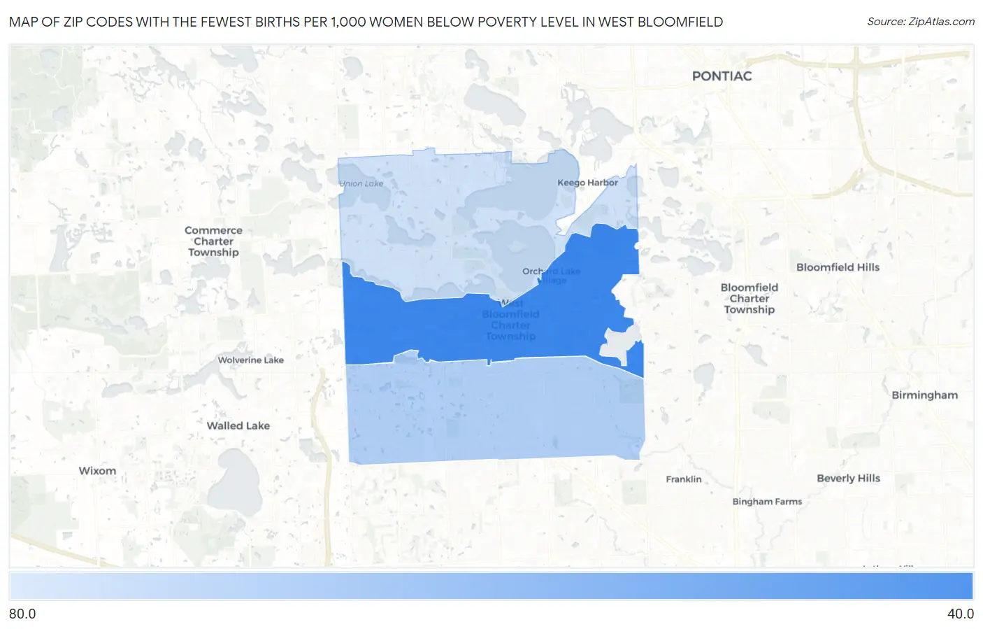 Zip Codes with the Fewest Births per 1,000 Women Below Poverty Level in West Bloomfield Map