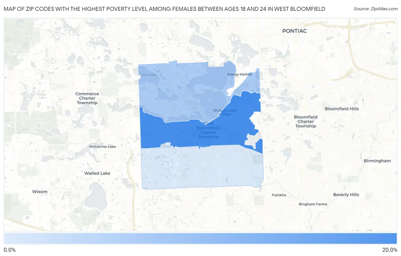 Zip Codes with the Highest Poverty Level Among Females Between Ages 18 and 24 in West Bloomfield Map
