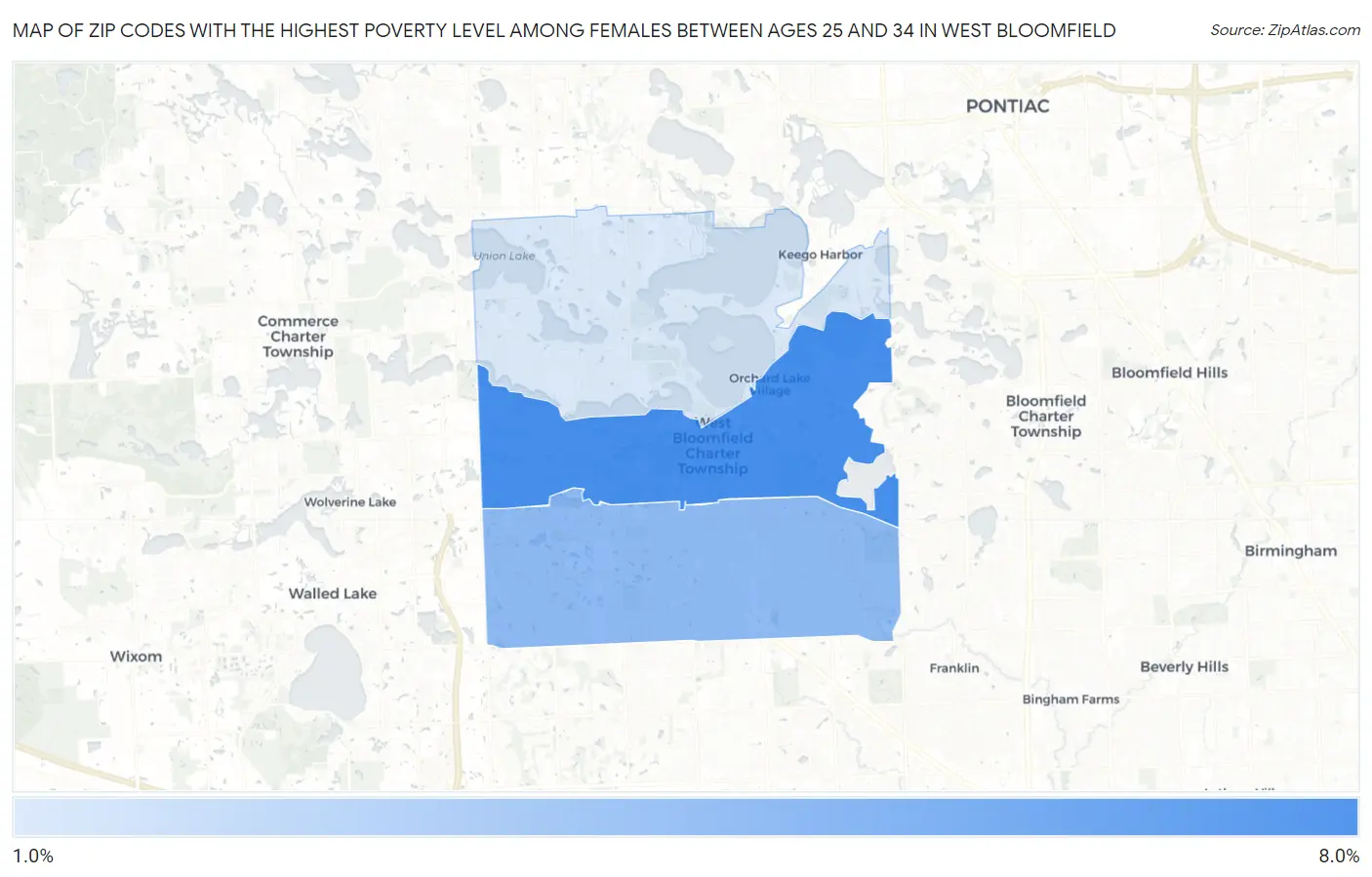 Zip Codes with the Highest Poverty Level Among Females Between Ages 25 and 34 in West Bloomfield Map