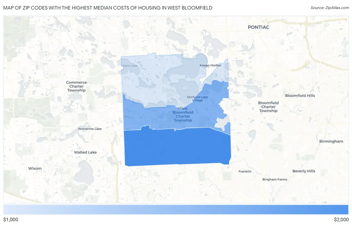 Zip Codes with the Highest Median Costs of Housing in West Bloomfield Map