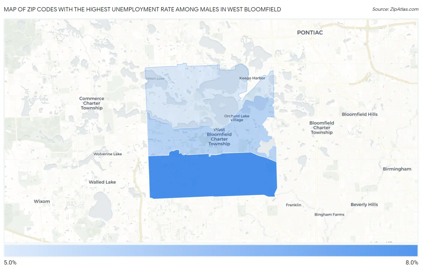 Zip Codes with the Highest Unemployment Rate Among Males in West Bloomfield Map