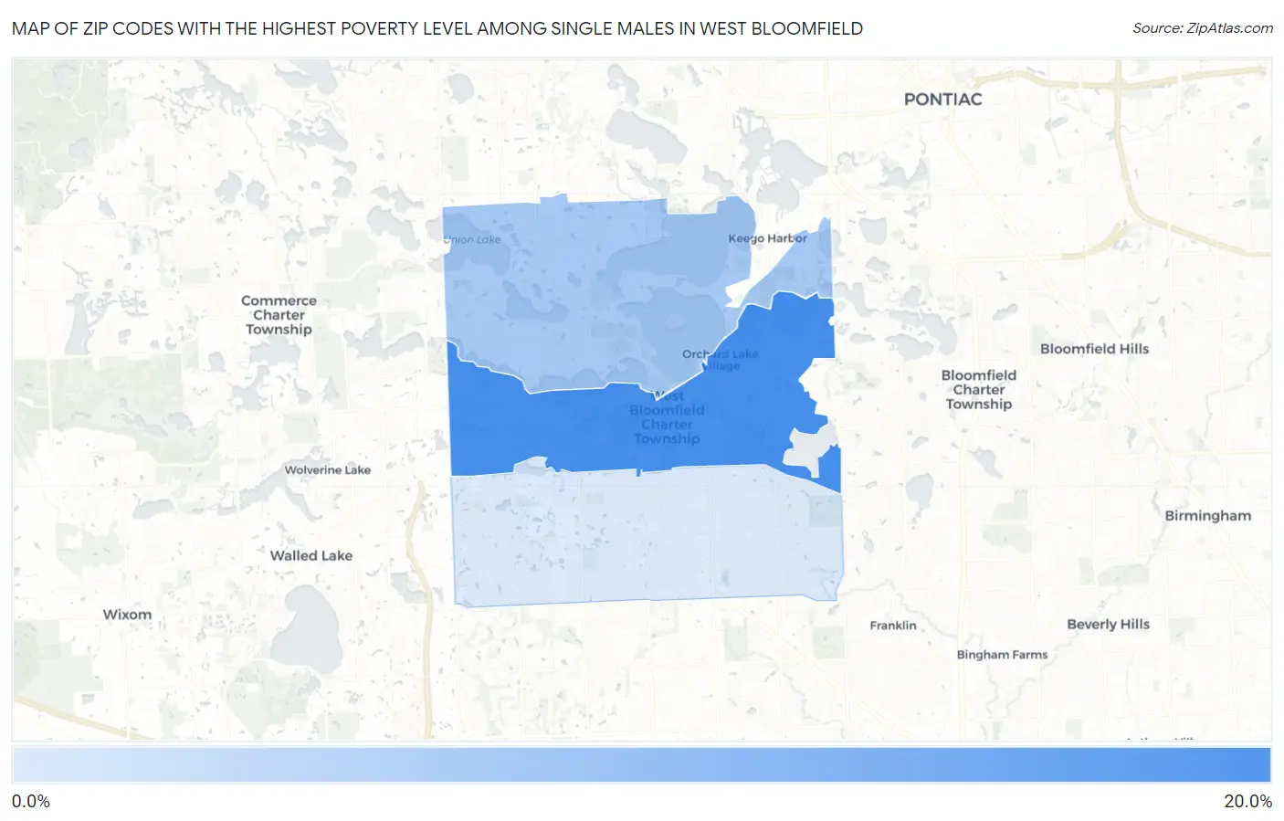 Zip Codes with the Highest Poverty Level Among Single Males in West Bloomfield Map
