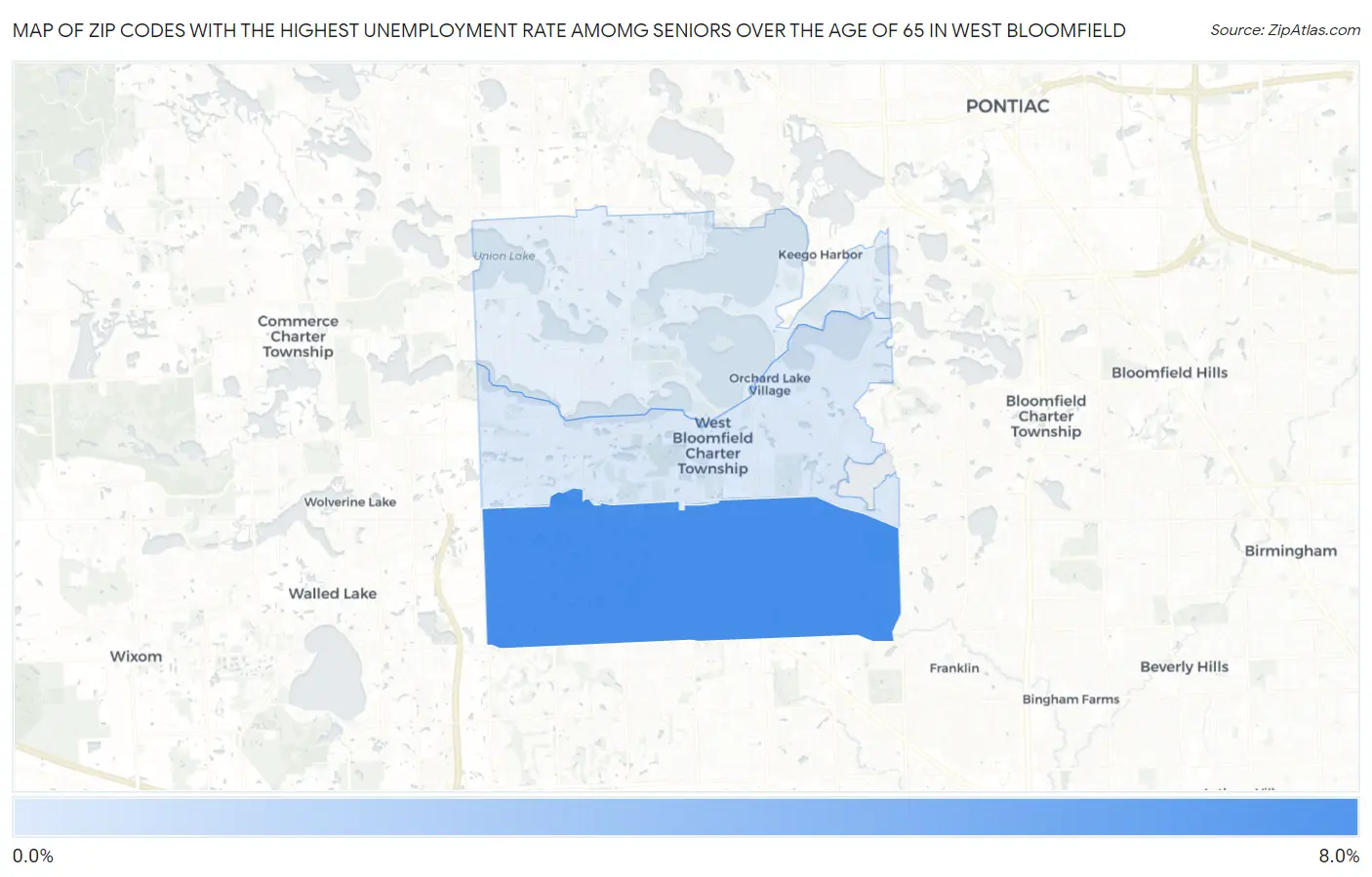 Zip Codes with the Highest Unemployment Rate Amomg Seniors Over the Age of 65 in West Bloomfield Map