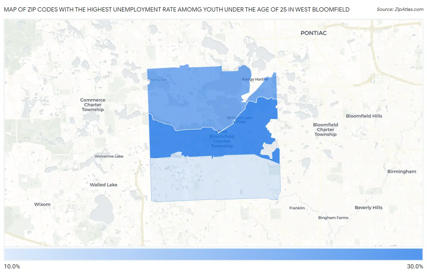 Zip Codes with the Highest Unemployment Rate Amomg Youth Under the Age of 25 in West Bloomfield Map
