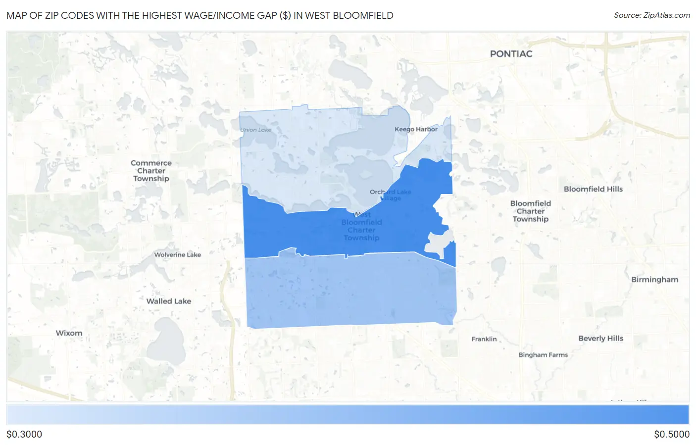 Zip Codes with the Highest Wage/Income Gap ($) in West Bloomfield Map