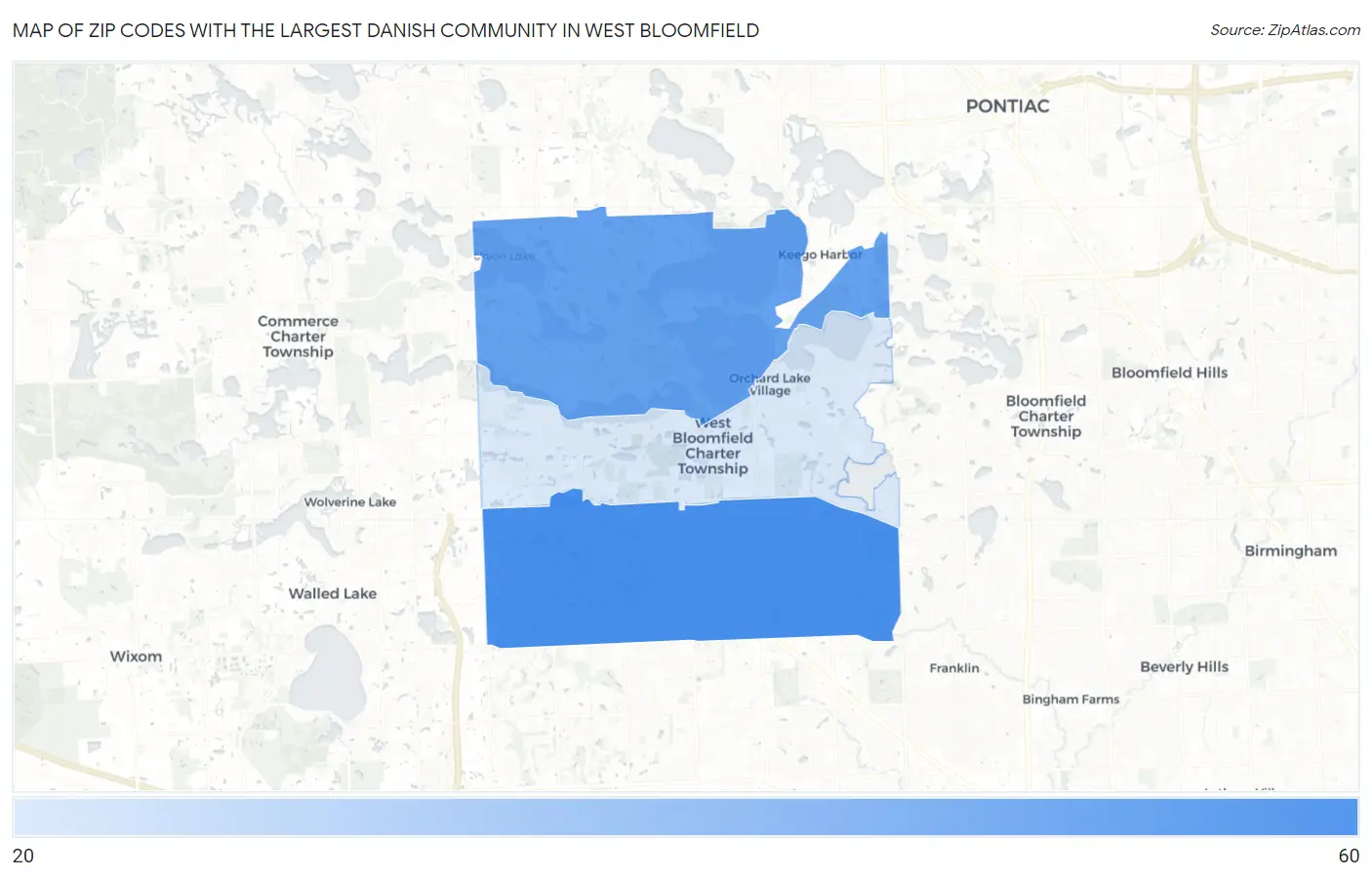 Zip Codes with the Largest Danish Community in West Bloomfield Map
