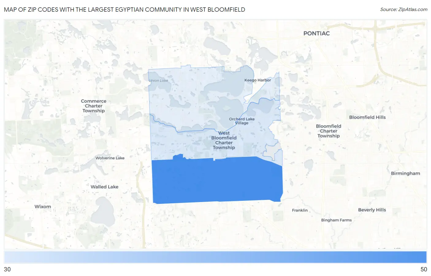 Zip Codes with the Largest Egyptian Community in West Bloomfield Map