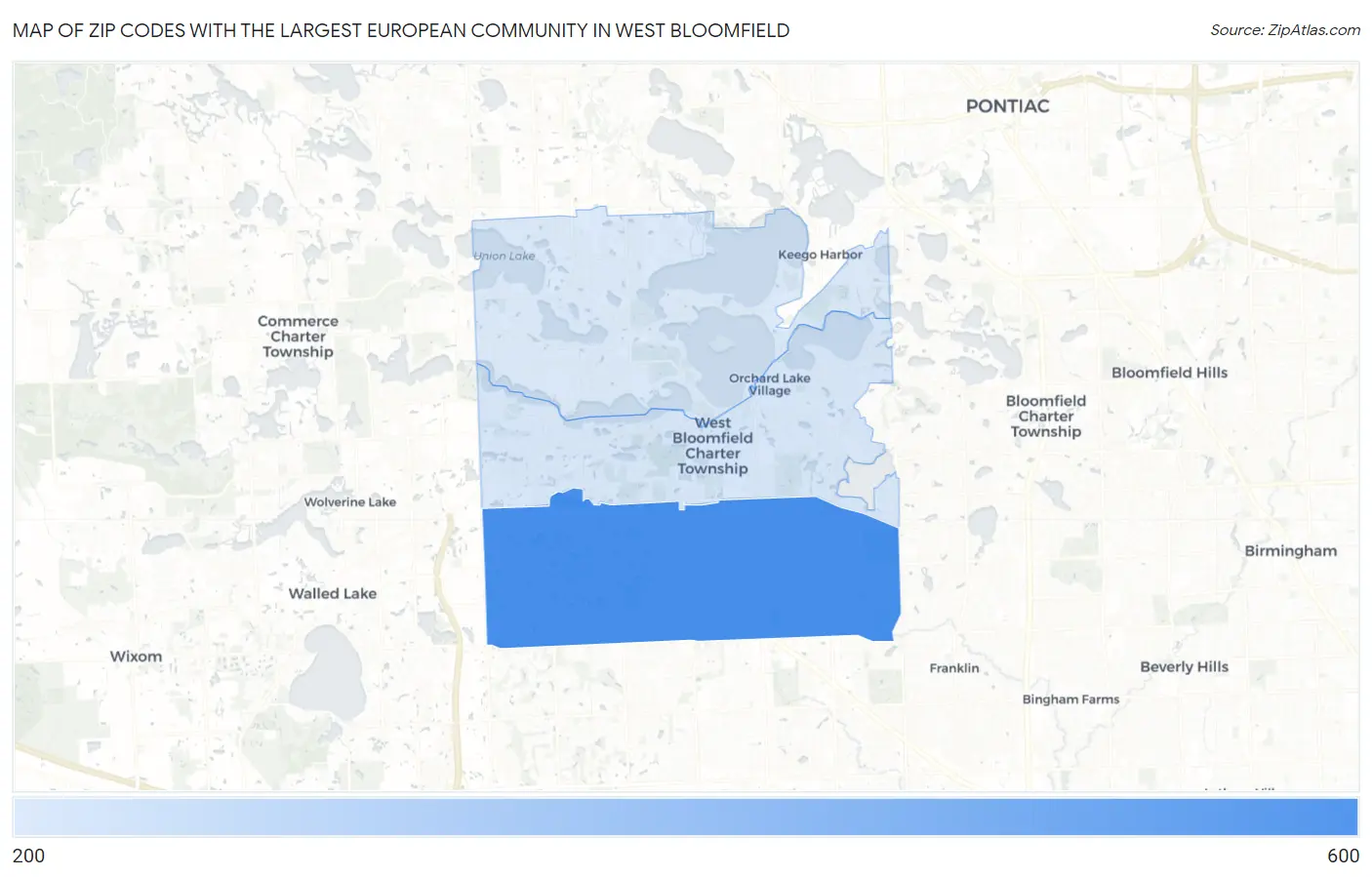 Zip Codes with the Largest European Community in West Bloomfield Map